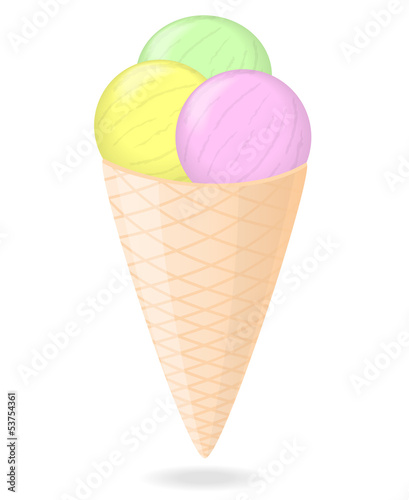 Three colorful ice cream balls in waffle cone isolated on white