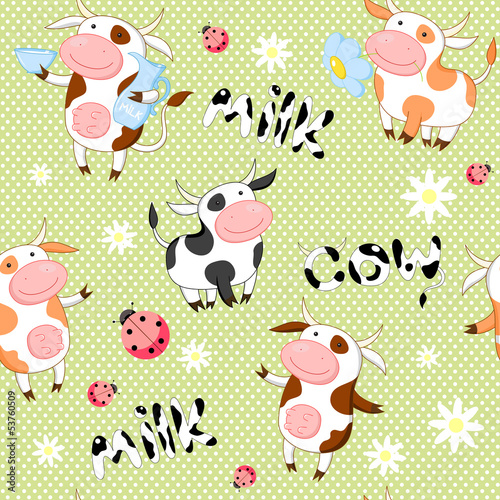 Vector seamless background with cute cows photo