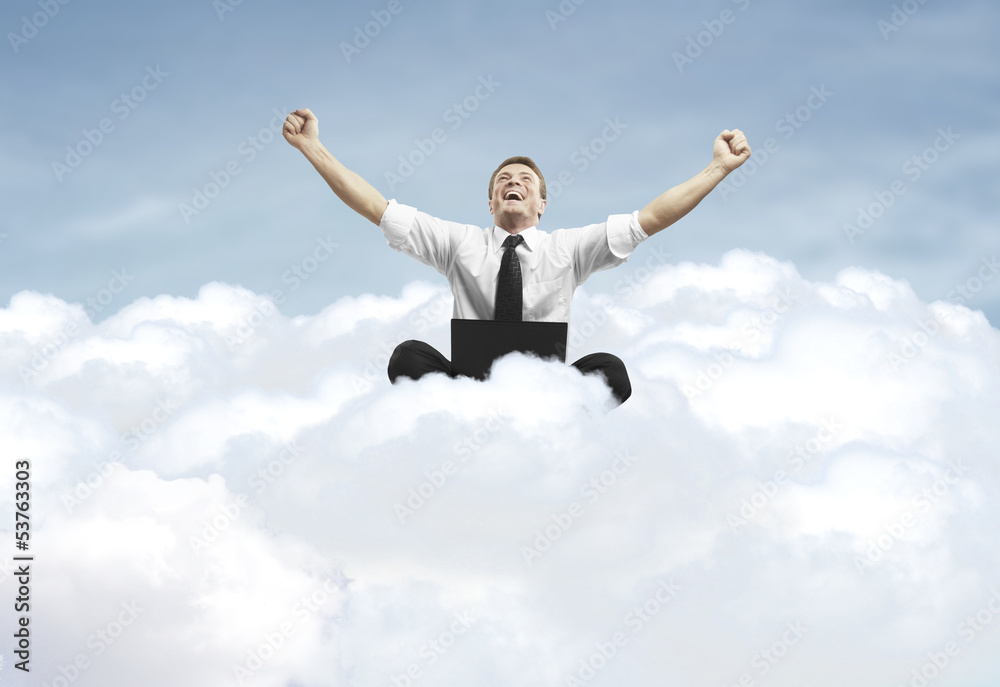 success of man sitting on a cloud