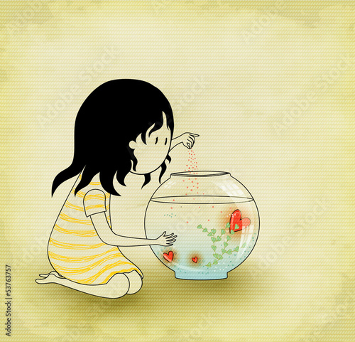 Little brunette girl with fish tank