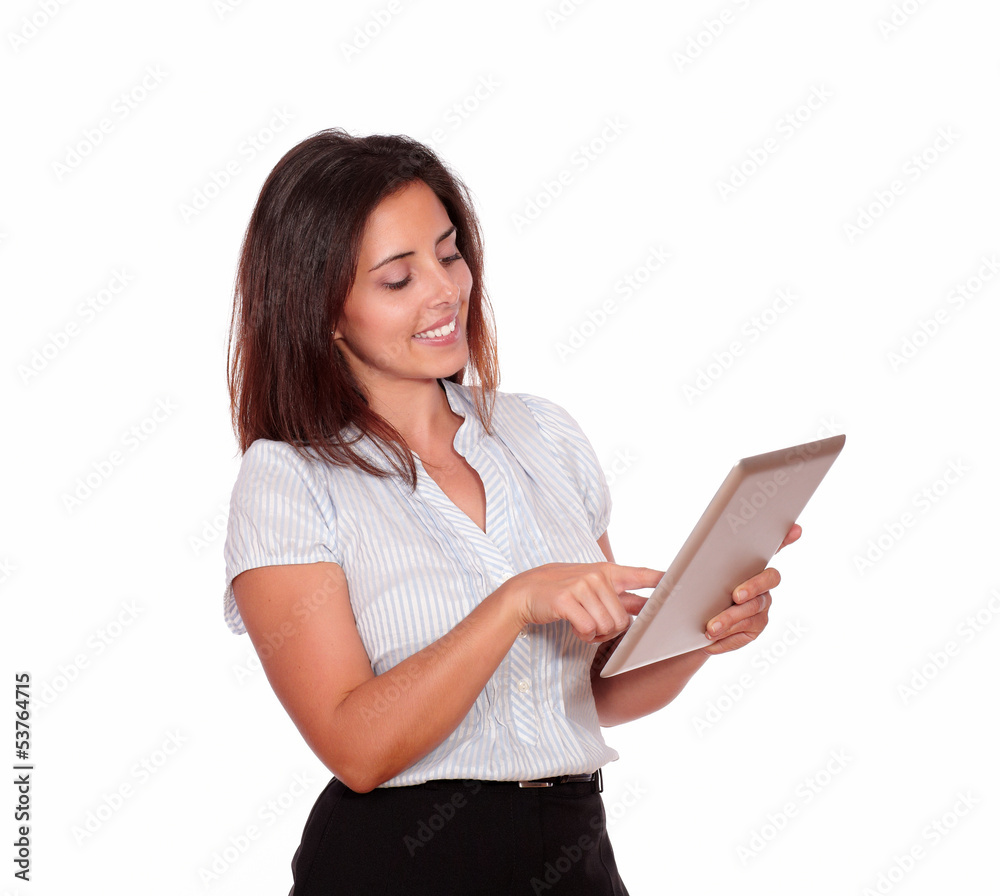 Charming young woman working on tablet pc Charming young woman working on tablet pc