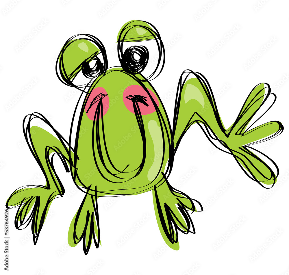 Naklejka premium Cartoon baby smiling frog in a naif childish drawing style