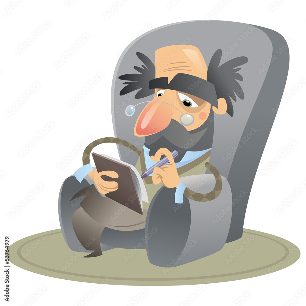 Obraz premium Cartoon psychologist sitting on an arm chair keeping notes