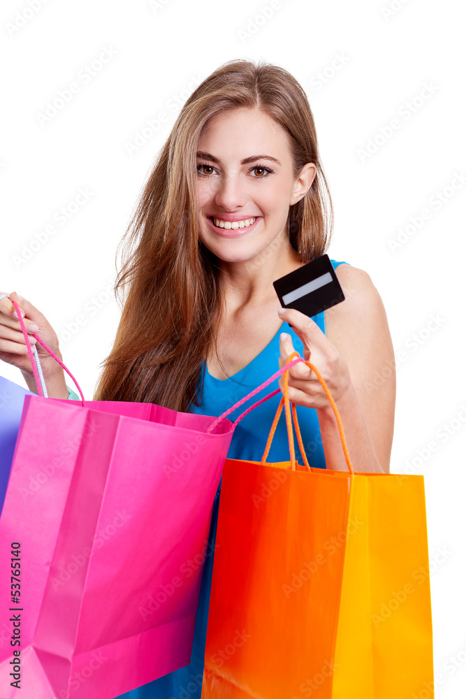 junge attraktive lachende frau auf shopping tour isoliert junge attraktive lachende frau auf shopping tour isoliert