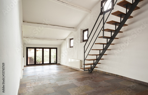 interior rustic house, large room with staircase