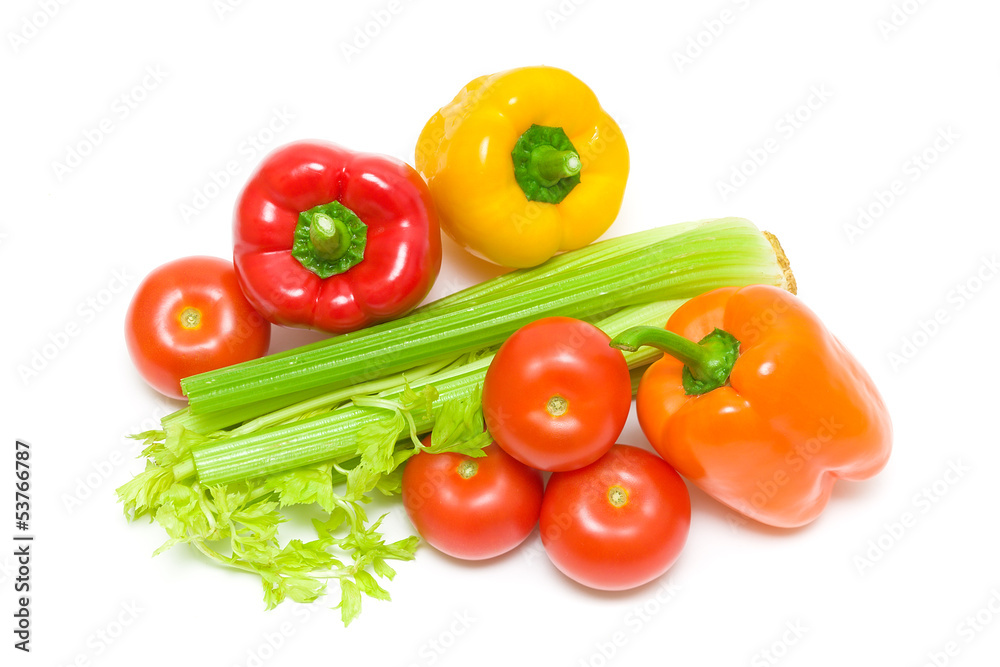 celery and vegetables on a white background. horizontal photo. celery and vegetables on a white background. horizontal photo.