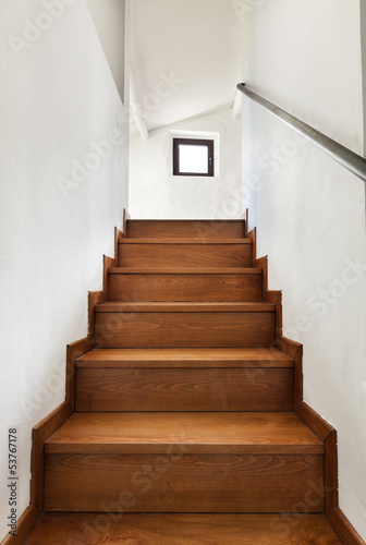interior rustic house  wooden staircase view