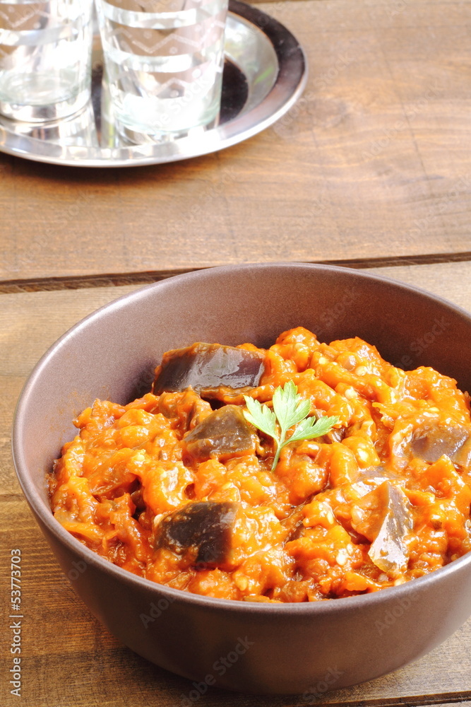 Zaalou, Moroccan salad with cooked aubergines and tomatoes Zaalou, Moroccan salad with cooked aubergines and tomatoes