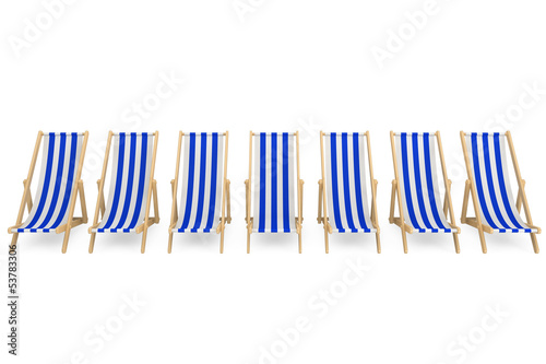 Row of Beach chairs with white and blue stripes