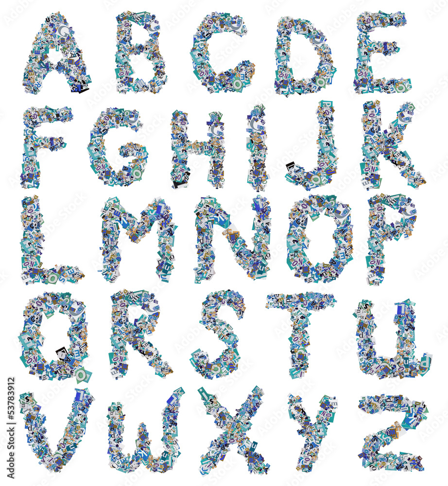 Collage made of newspaper clipping, letters, ABC, Collage made of newspaper clipping, letters, ABC,