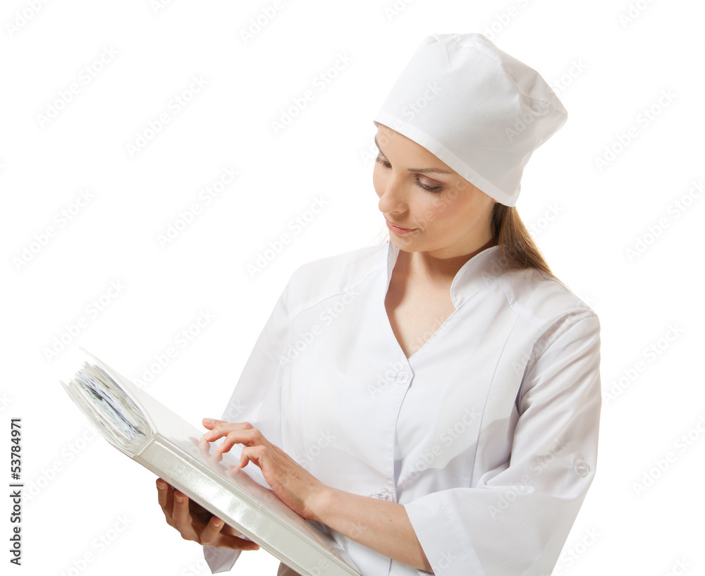 woman doctor or nurse with folder, isolated on white background