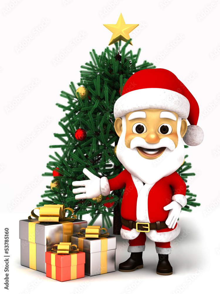 Fototapeta premium Santa claus with box of gifts and Christmas tree