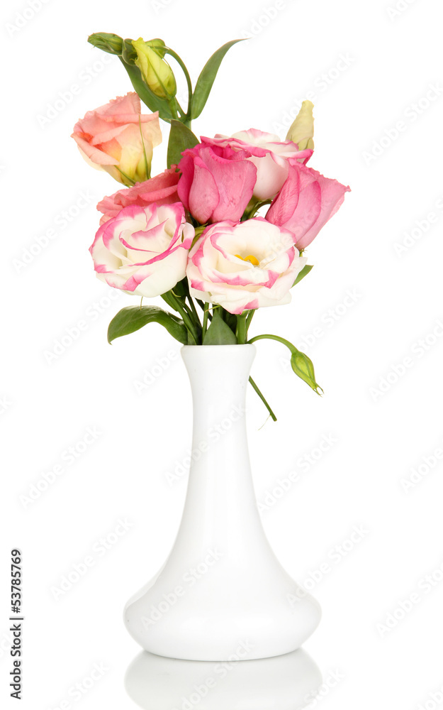 Bouquet of eustoma flowers in vase isolated on white Bouquet of eustoma flowers in vase isolated on white