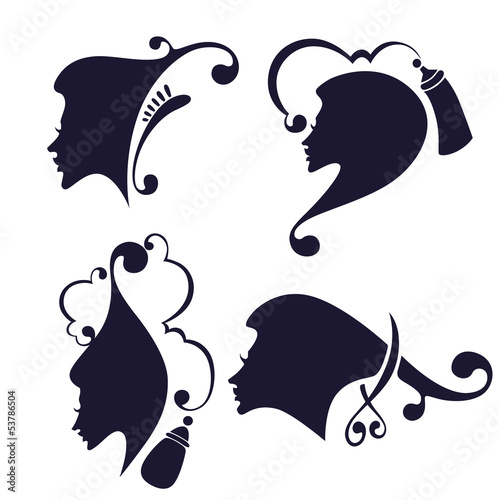 vector collection of women' head silhouettes and hairdresser equ