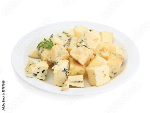 Tasty blue cheese on plate, isolated on white