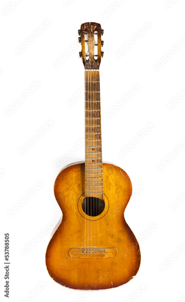 old guitar isolated on white background