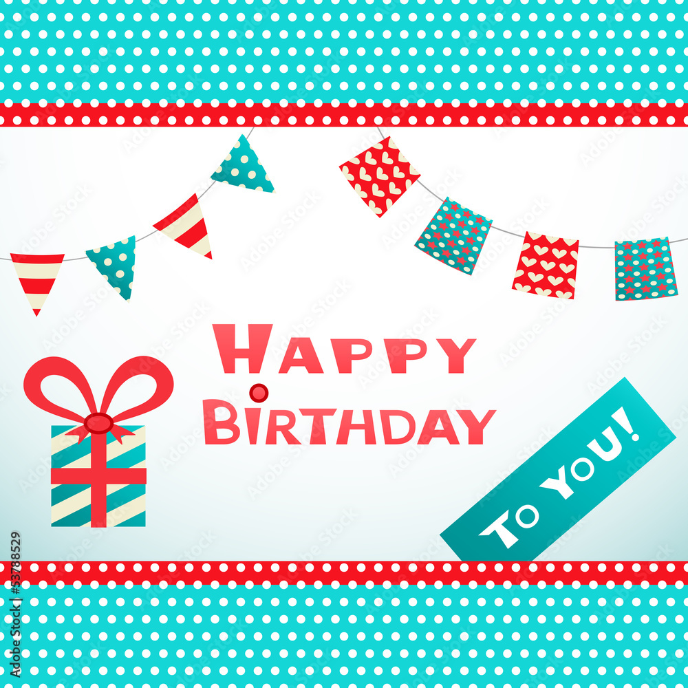 Happy birthday retro postcard with dot textured cloth borders