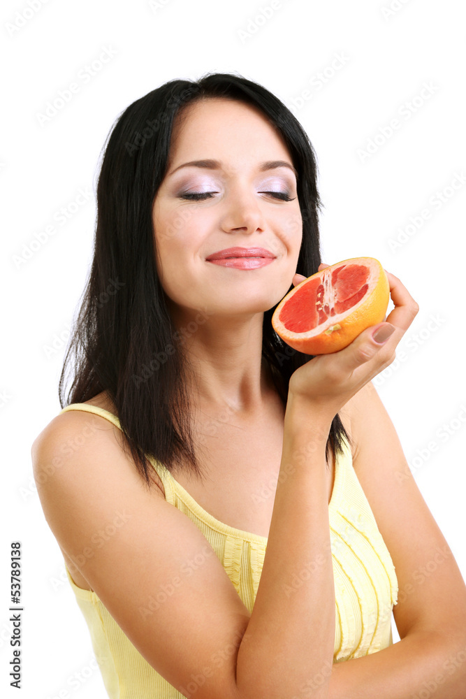 Girl with fresh grapefruit isolated on white Girl with fresh grapefruit isolated on white