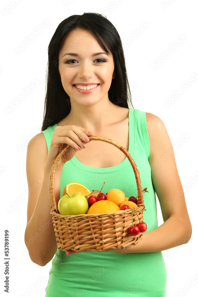 Girl with fresh fruits isolated on white Girl with fresh fruits isolated on white