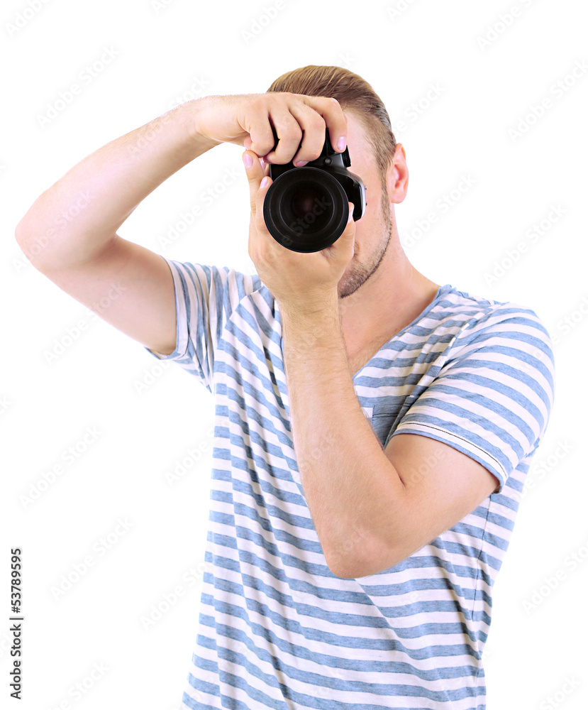 Handsome photographer with camera, isolated on white Handsome photographer with camera, isolated on white