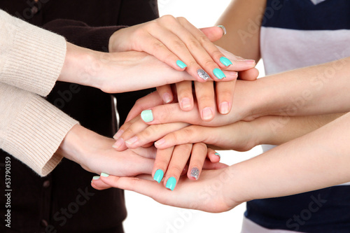 Group of young people s hands  close up