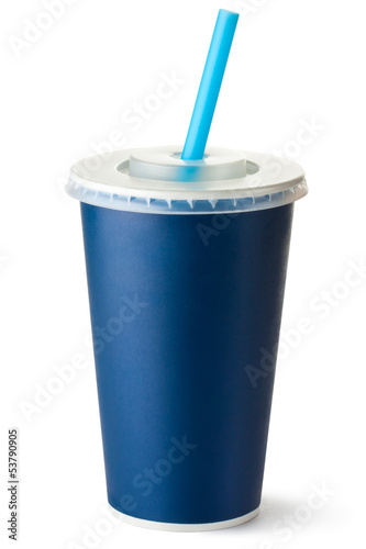 Dark blue cardboard cup with a straw