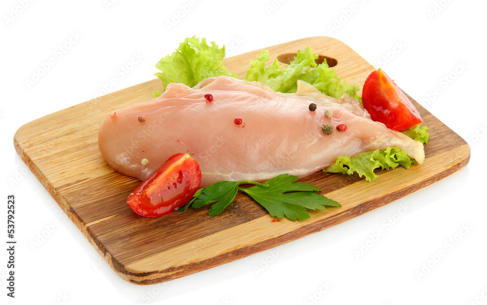 raw chicken meat on cutting board, isolated on white raw chicken meat on cutting board, isolated on white
