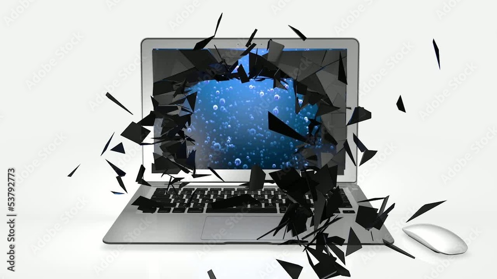 explosion of a laptop screen in slow motion