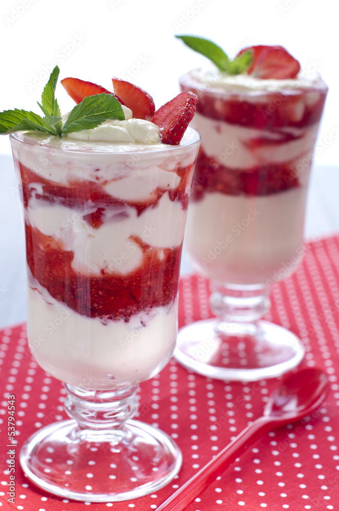 fresh strawberries with whipped cream and mint on the table fresh strawberries with whipped cream and mint on the table