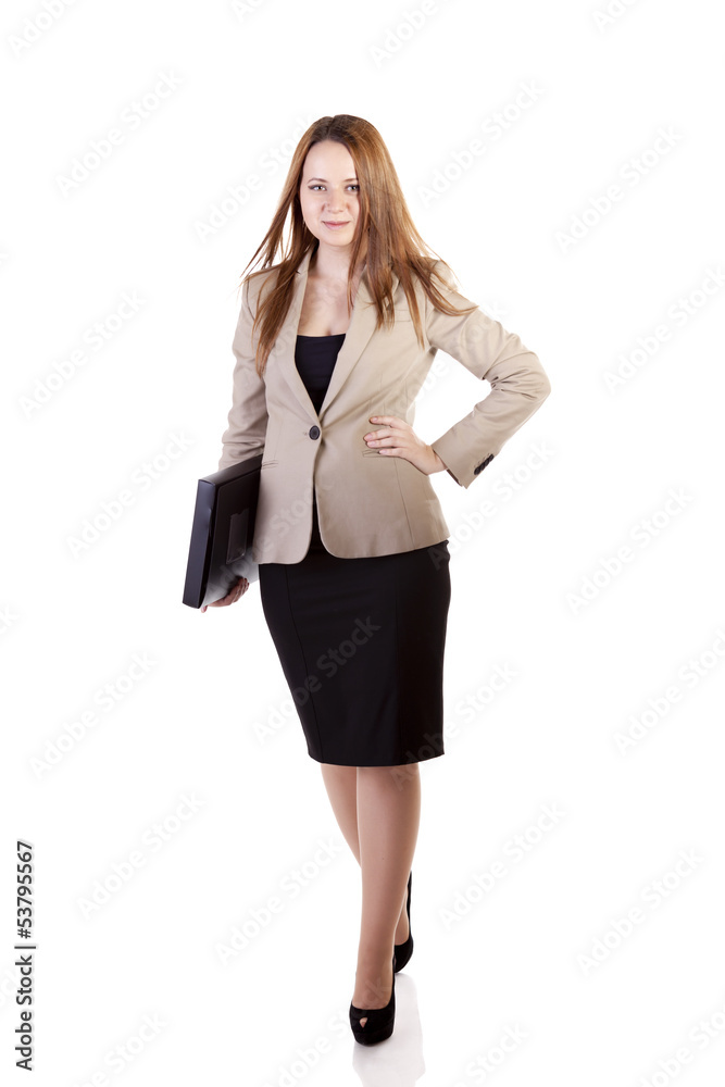 Walking secretary with a folder in hands isolated on white backg