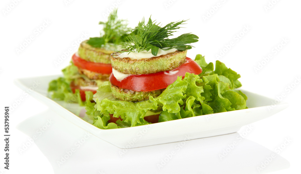 Tasty roasted marrow and tomato slices with salad leaves, Tasty roasted marrow and tomato slices with salad leaves,