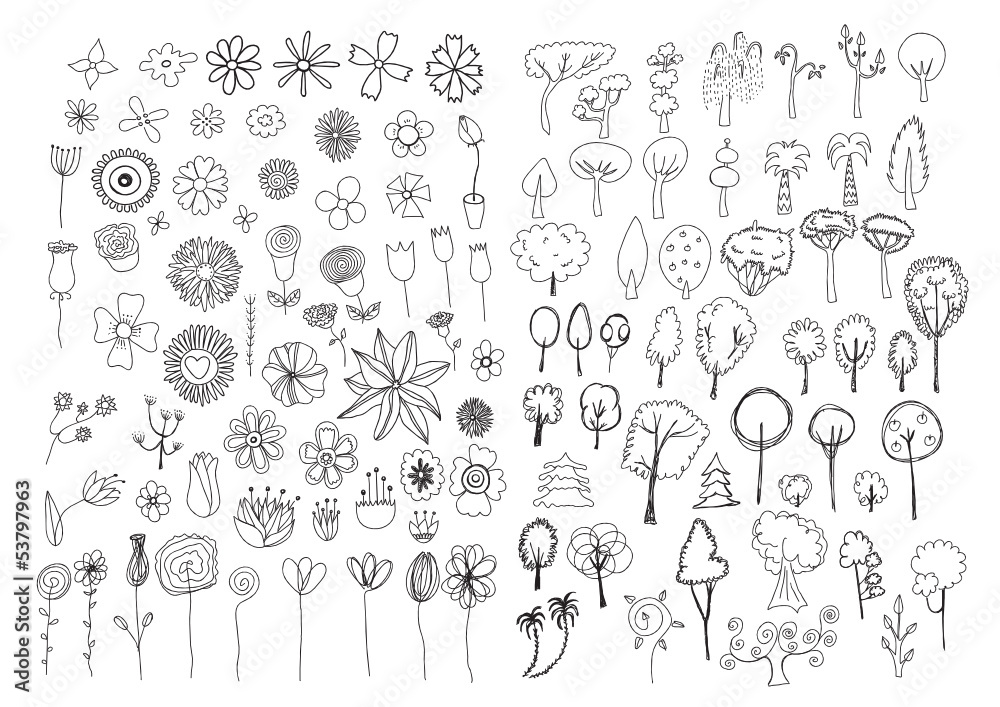 Set of flowers and trees doodles