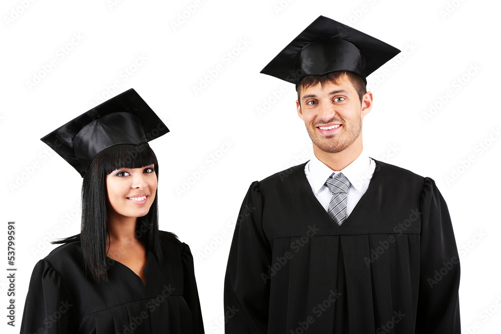 Two happy graduating students isolated on white Two happy graduating students isolated on white
