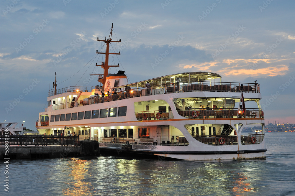 Classic ferryboat of Istanbul at the seaport  in evening