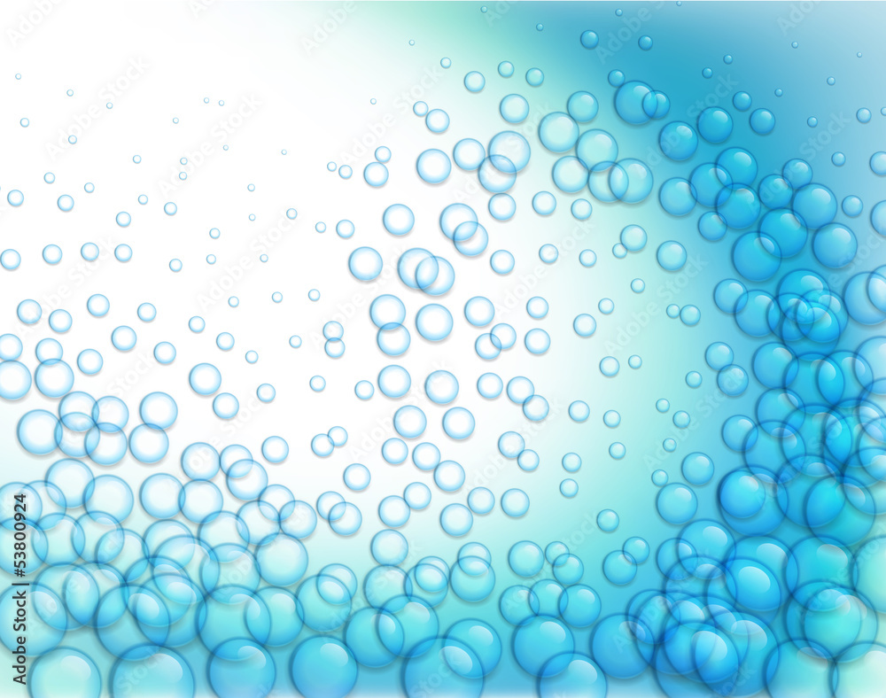 Vector water drops on blue wave background.