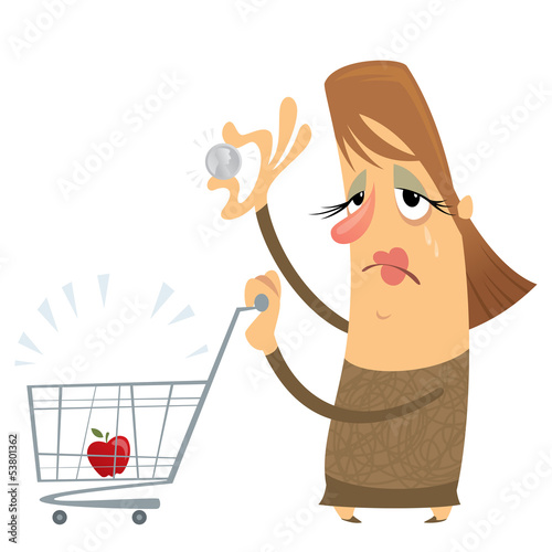 Sad poor woman without money with an empty cart holding only one