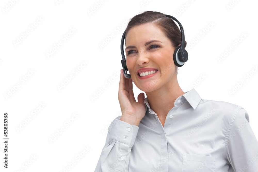 Laughing call centre agent wearing headset Laughing call centre agent wearing headset