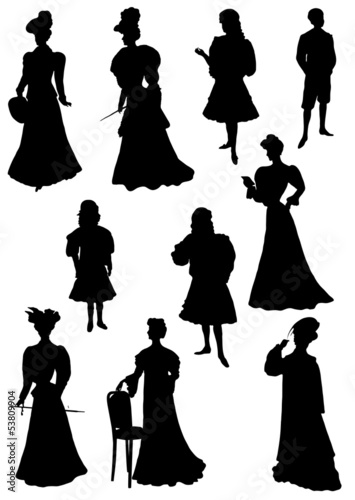 Collection of silhouettes of court ladies and children