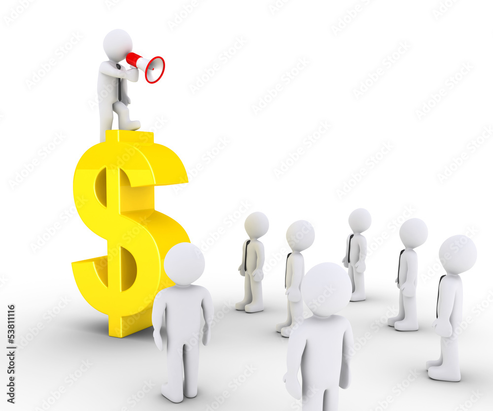 Businessman on dollar symbol is calling to others Businessman on dollar symbol is calling to others