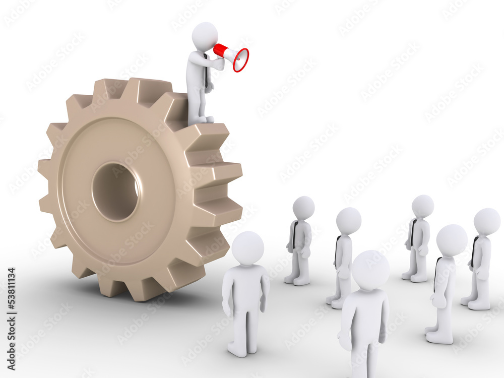 Boss on cogwheel is calling employees Boss on cogwheel is calling employees