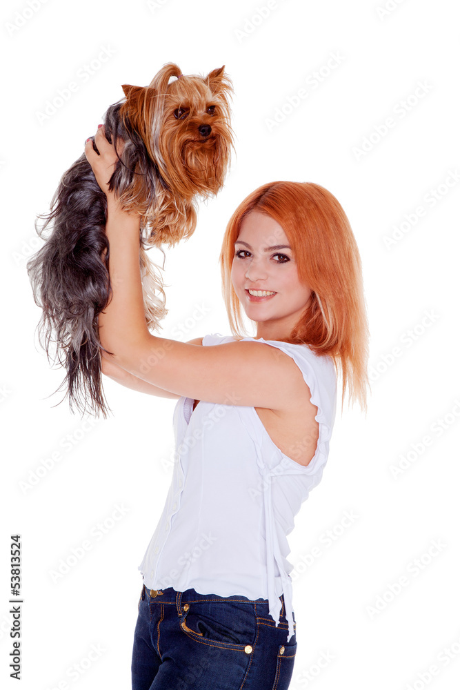 young woman holding yorkshire terrier young woman holding yorkshire terrier