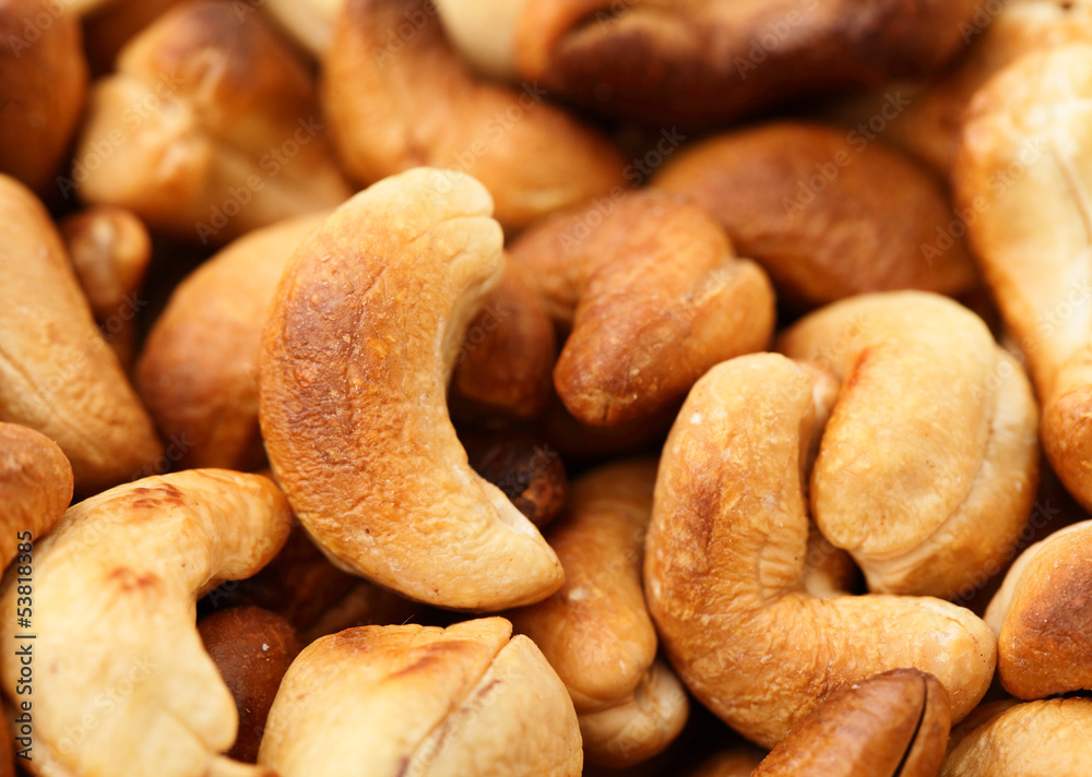 Roasted cashew nuts close up