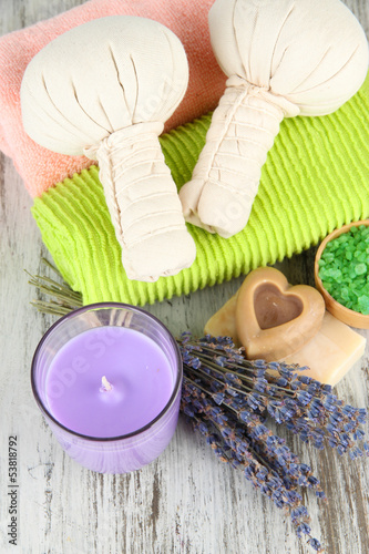 Still life with lavender candle  soap  massage balls  soap and