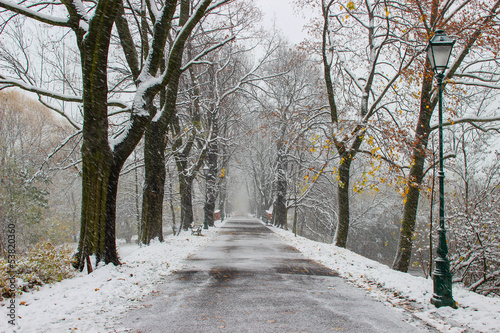 Blizzard in the city. Heavy snowstorm in Europe. © agneskantaruk