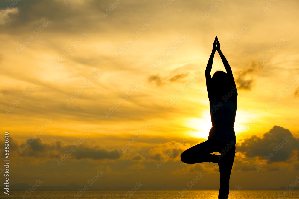 Silhouette of beautiful Yoga woman in morning