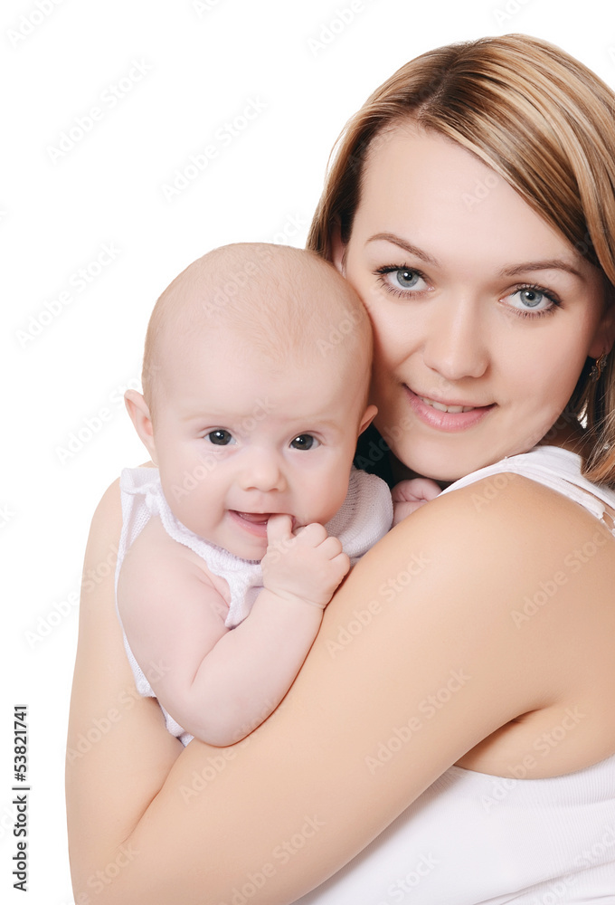 The happy mother with baby isolated on white background The happy mother with baby isolated on white background