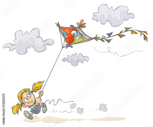 Cartoon Girl with funny kite.