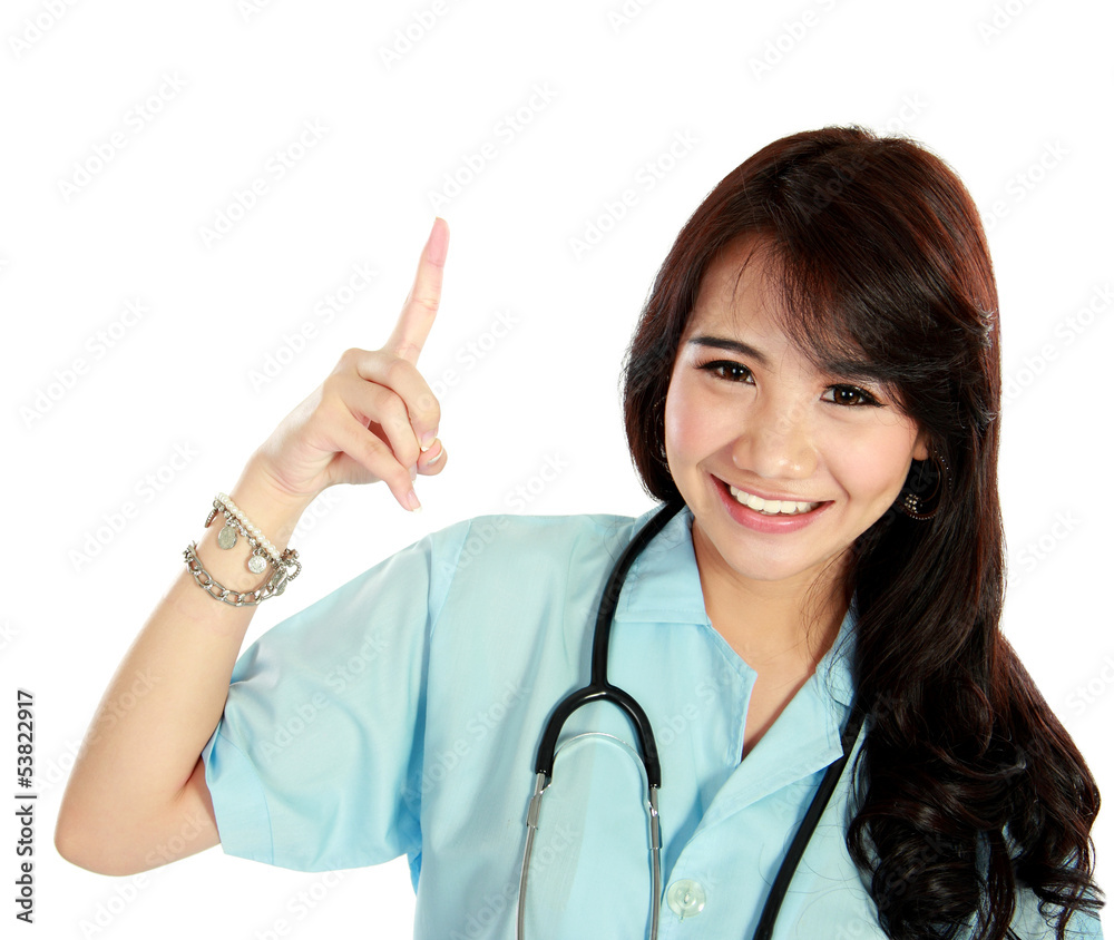 Happy young nurse with stethoscope and thinking Happy young nurse with stethoscope and thinking