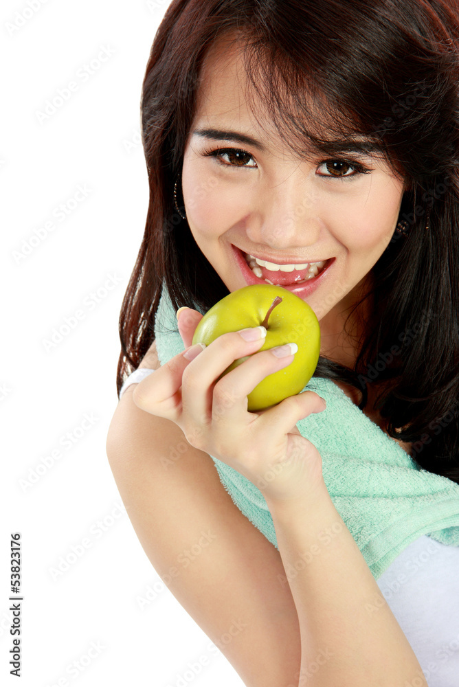 beauty fitness woman eating fresh green apple beauty fitness woman eating fresh green apple