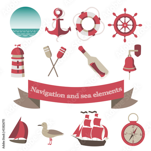 navigation and sea icons and elements with an anchor, the ships,